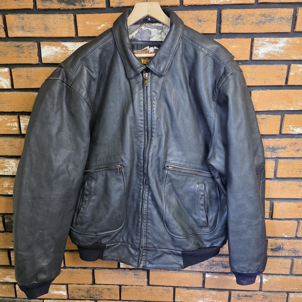 Vintage 1990s Leather Harley Davidson Motorcycle Jacket 52 Black Bomber Flyer A2